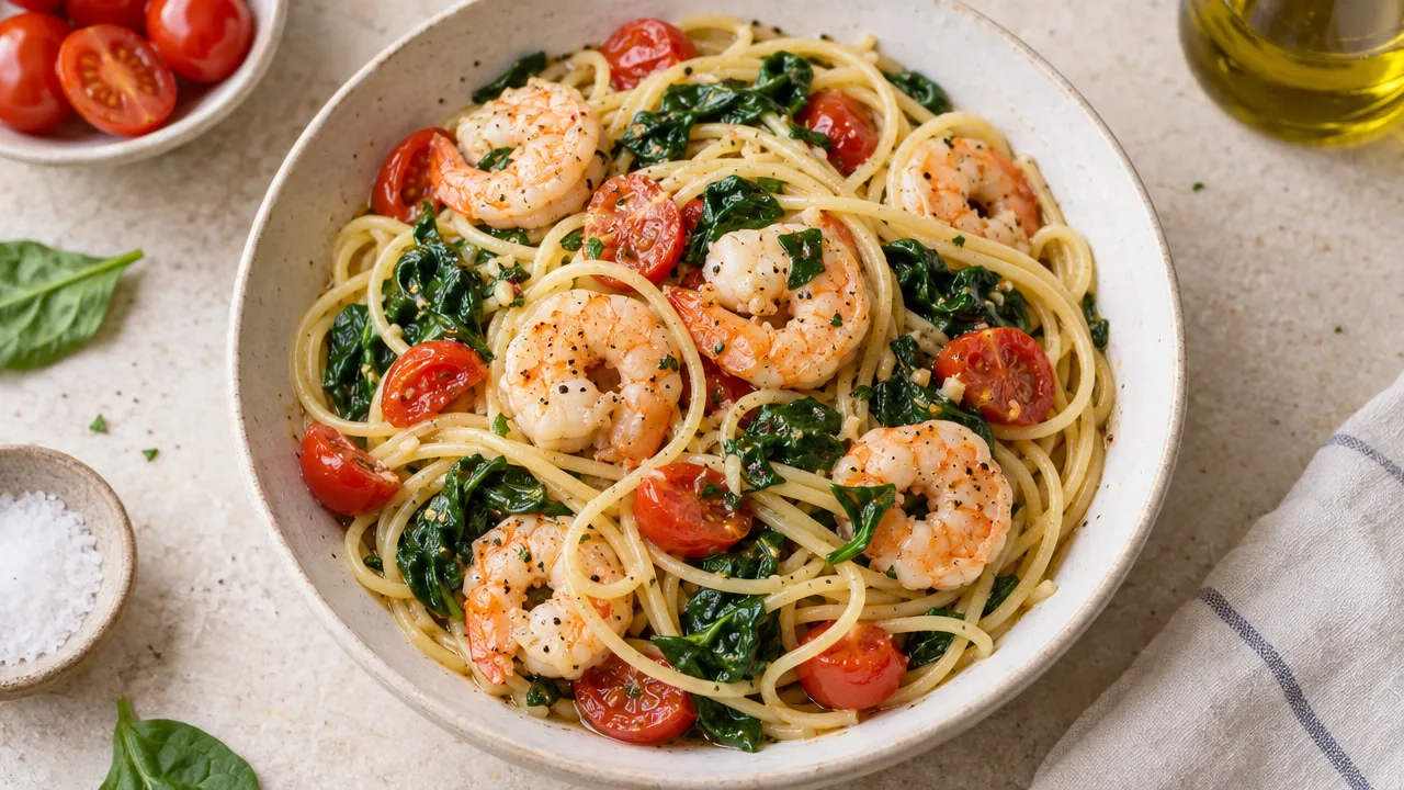 Shrimp Pasta with Olive Oil, Spinach and Cherry Tomatoes